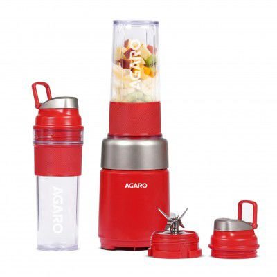 AGARO Primo Plus Personal Blender with 2 (500ml) Jars, 500 Watts Smoothie Maker with 100% Copper Motor, 24,500 RPM, 6 Leaf Stainless Steel Blade, Milkshakes, Use for Gym, Office & Kitchen, Red