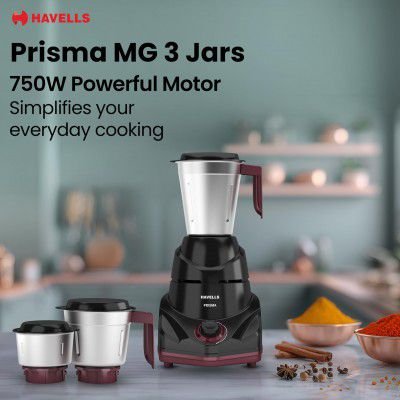 Havells Prisma 750 W 3 Jar Mixer Grinder | 3 Speed With Pulse Function (Black)
