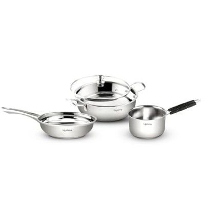 Lifelong Stainless Steel Kadai, Frypan & Saucepan for Cooking | 22 cm Kadai & Fry Pan 22 cm with Glass Lid | 14 cm Sauce Pan (Silver, LLSSKFS01)