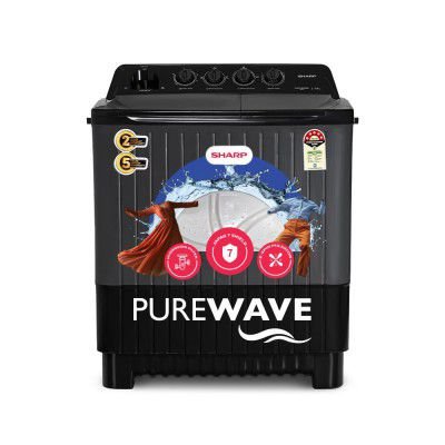 SHARP 7.5 kg, 5 star Rating with E-Spin Pulsator,Semi-Automatic Top Loading Washing Machine, 1300 RPM (ES-SD75NB-TS, Steel Grey, Pure Wave)