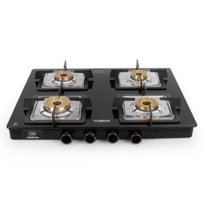 Tower Gas Stove 4 Burner Glass Brass Valves Lpg, Black